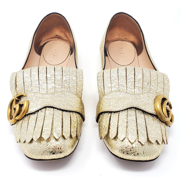 Gucci Shoes GG Marmont GG Logo Gold Metallic Loafers Flats EU 38.5 - Picture 3 of 11